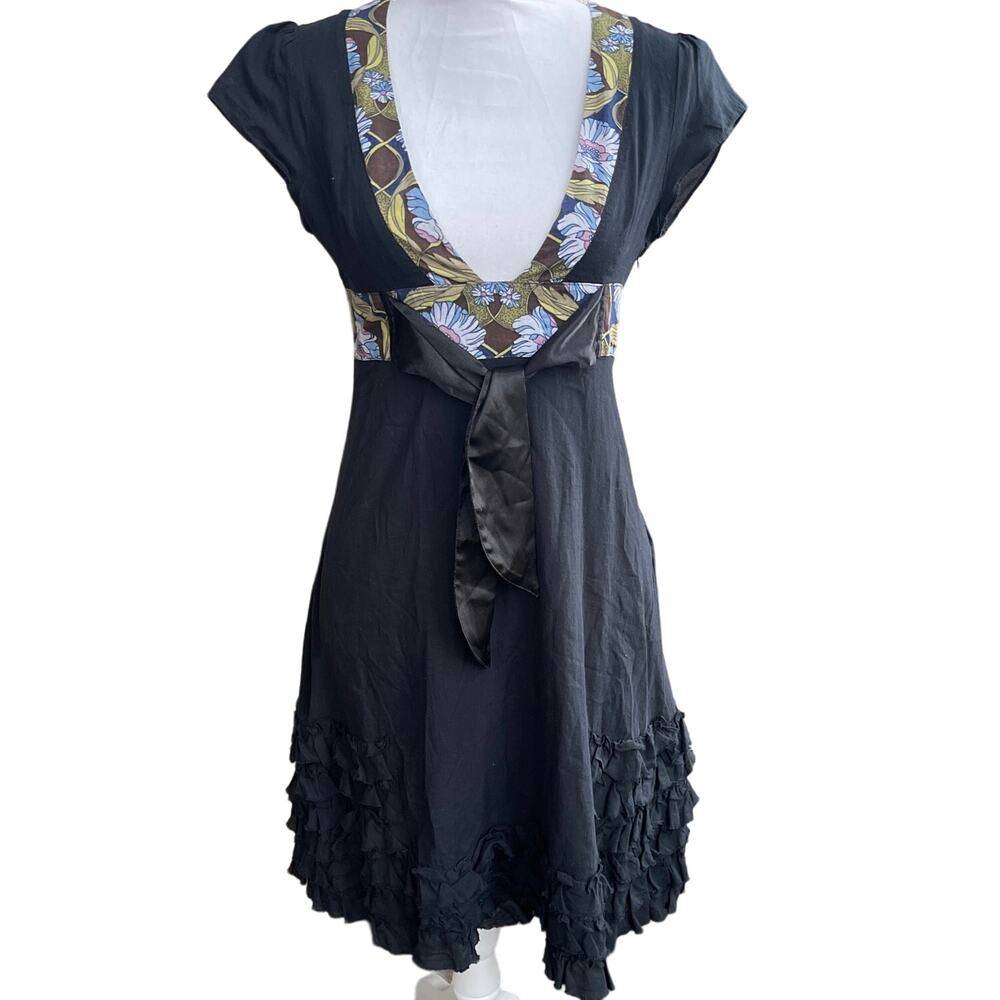 FREE PEOPLE Black Short Sleeve Cotton Dress w/Floral Trim (S/4)